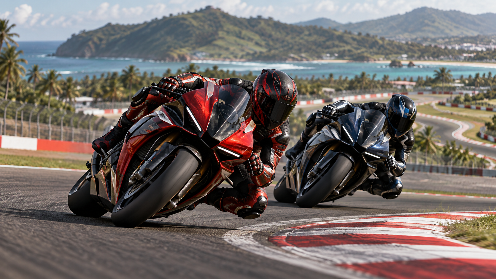 Ilustración editorial original de dos motocicletas de competición en un circuito tropical inspirado en Mandalika